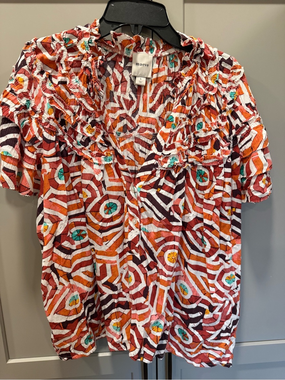 Anthropologie Maeve Orange Geometric Ruffle Short-Sleeve Top